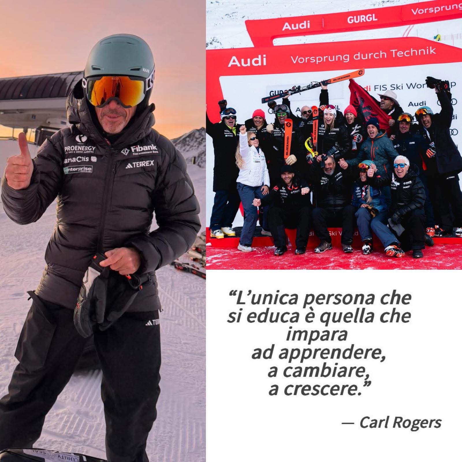 Alessandro Schiasselloni sulla neve e il team Albania sul podio di Gurgl, con una frase di Carl Rogers sull’imparare e crescere