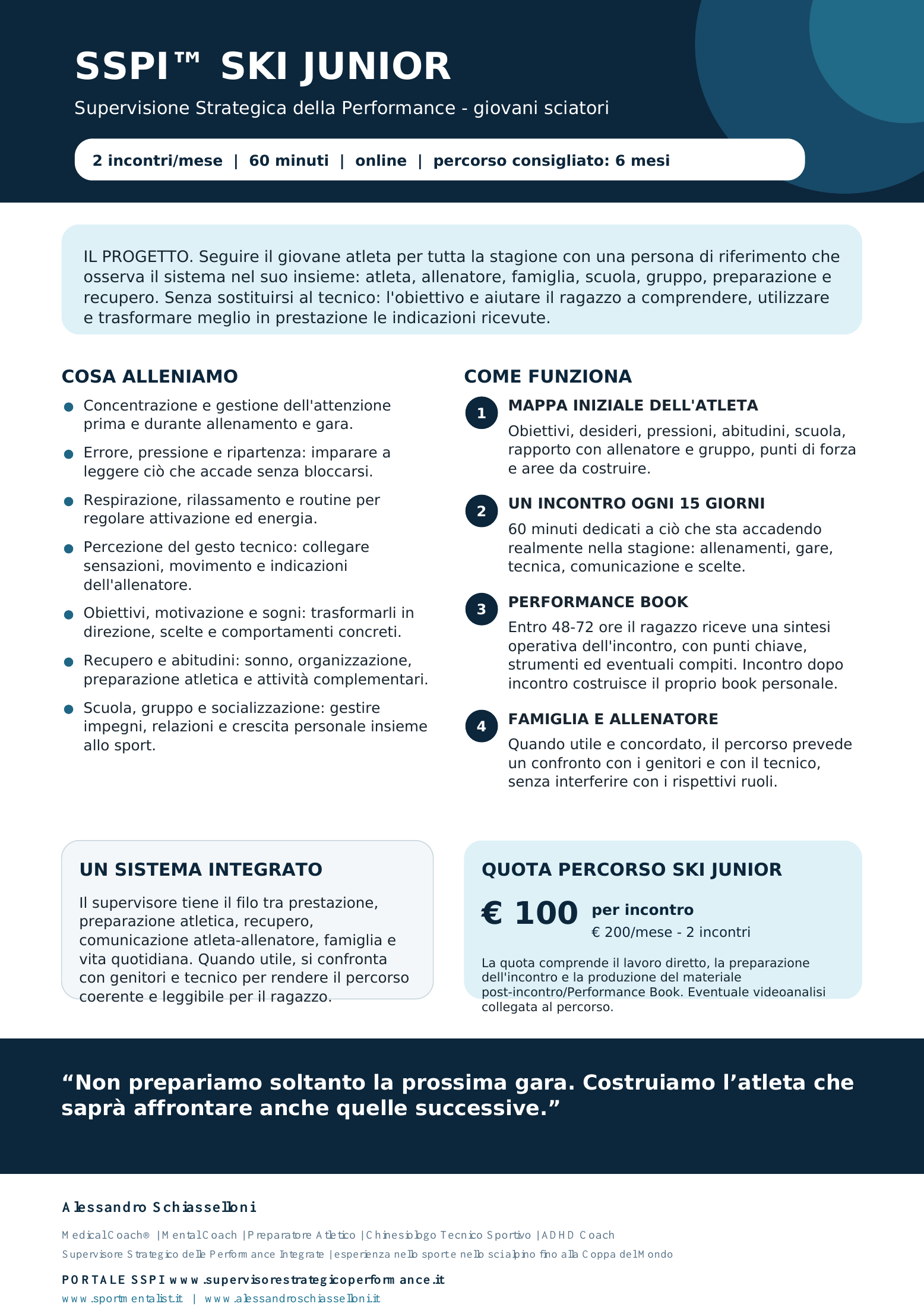Programma SSPI™ Ski Junior 2026/27: due incontri online al mese da 60 minuti, percorso consigliato di sei mesi, Mappa iniziale dell’atleta e Performance Book. Quota: 100 euro per incontro, 200 euro al mese.