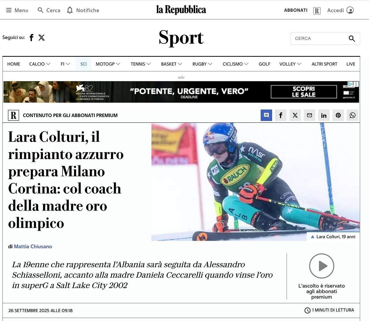 Articolo di Repubblica Sport del 26 settembre 2025 su Lara Colturi, che cita Alessandro Schiasselloni